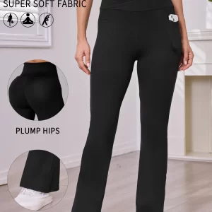 Women's Super Soft Crossover High Waisted Flare Legging With Pockets, Tummy Control Yoga Bootleg Bell Bottoms